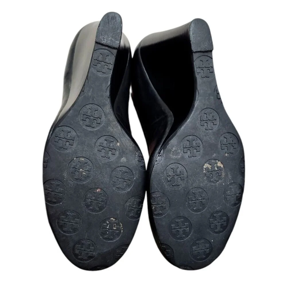 Tory Burch Black Leather Wedge Pumps with Gold Logo